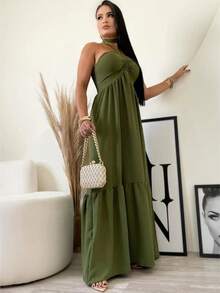 Women's Long Fluid Strapless Dress With Tie - 軍綠色 - 查看 2
