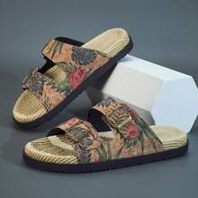 1 Pair Men's Summer Fashion Slide Sandals, Suitable For Daily Outdoor Activities, Beach Vacation, Metal Double Buckle Design, Adjustable Upper, Fresh Summer Outfit, Indoor Bathroom Slippers, Tropical Print Flip Flops