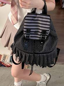 This Season's New Korean Niche Design Polka Dot Backpack Features Large Capacity Drawstring And Versatile Fashion Commuter Backpack - Black - View 7