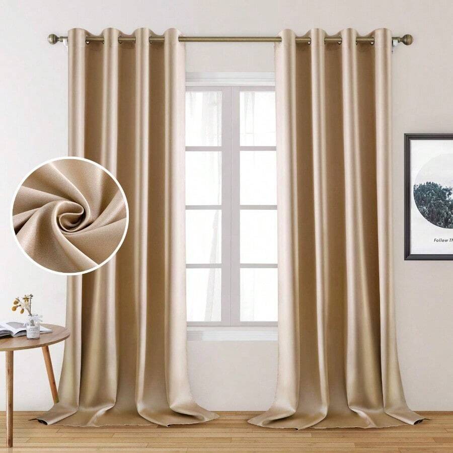 2 Panels Beige Faux Silk Blackout Curtains 52 X 108 Inch Champagne Gold Room Darkening Satin Thermal Insulated Window Drapes For Bedroom Indoor Nursery - 米色香檳色金色 - 查看 1