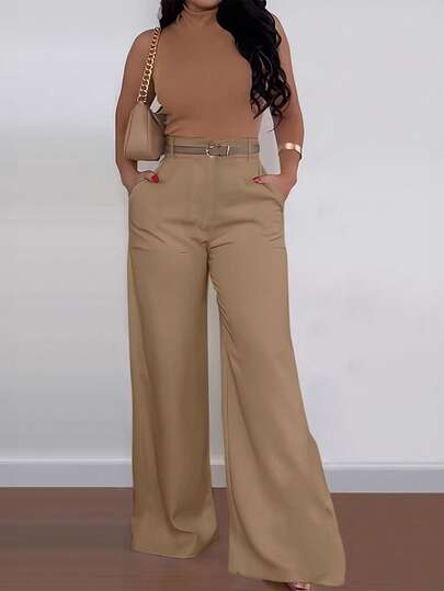 ANCHOSE ANCHOSE Women's Casual Solid Color High Waist Pocket Design Flare Pants, Loose Fit