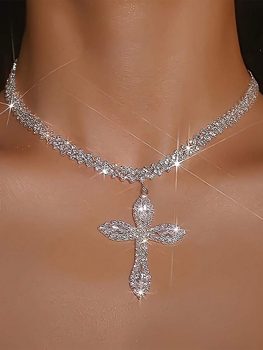 1pc Luxury Fully Rhinestone Zirconia Cross Necklace