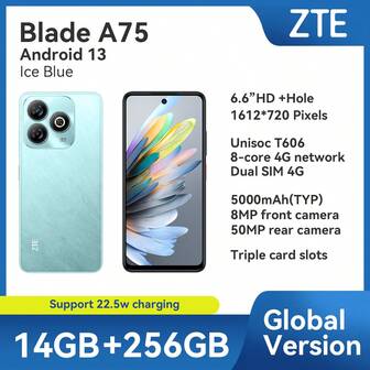 ZTE 中兴，智能手机，Blade A75 冰蓝色玄武岩黑色，已解锁，Android 13，（4GB RAM+10GB Fusion）+256GB ROM，5000mAh 电池，22.5W 充电，双 SIM 卡 4G，4G LTE，全球版本