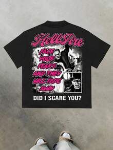 Gothic "Hellfire" Tees: Horror Graphics & Courage Slogans Y2k Style Tee (220g Cotton T-Shirt) Printed T-Shirts, Unisex T-Shirts, Casual And Comfortable To Wear Men's Summer Round Neck Short Sleeve T-Shirts, Fashion Printed T-Shirts, Uni T-Shirts, Casual And Comfortable To Wear Vintage - Style Graphic T - Shirt - 黑色 - 查看 3