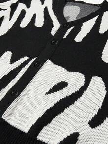 Boys' & Teens' Black & White Abstract Colorblock V-Neck Knitted Cardigan, Single-Breasted Loose Thick Sweater Jacket, Autumn/Winter - Black - View 10