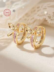 Artepollo 1pc 925 Sterling Silver Hypoallergenic Bow Hoop Earrings, Inlaid With Pink Zirconia, Exquisite And Elegant, Gift For Girls, Friends, Back To School, Christmas