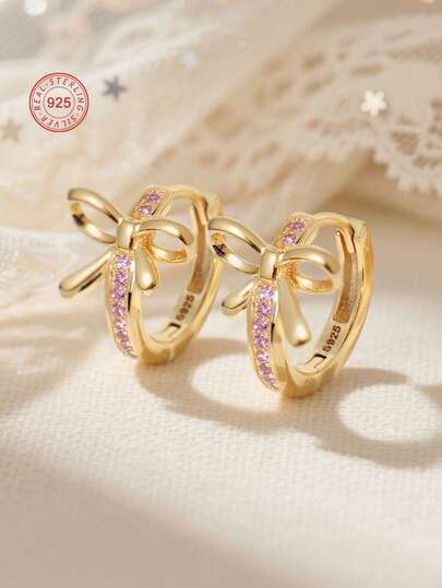 Artepollo 1pc 925 Sterling Silver Hypoallergenic Bow Hoop Earrings, Inlaid With Pink Zirconia, Exquisite And Elegant, Gift For Girls, Friends, Back To School, Christmas