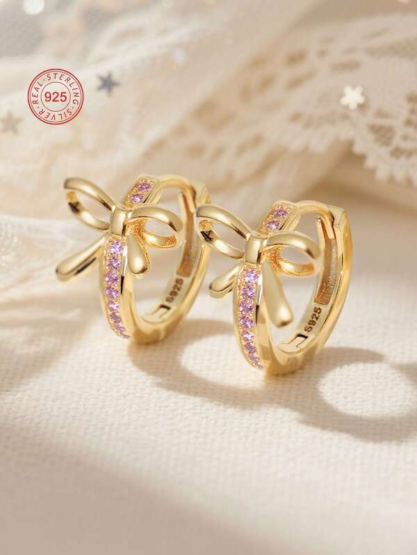 Artepollo 1pc 925 Sterling Silver Hypoallergenic Bow Hoop Earrings, Inlaid With Pink Zirconia, Exquisite And Elegant, Gift For Girls, Friends, Back To School, Christmas