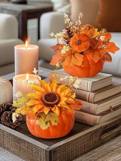 1/2PCS Artificial Pumpkin Decorations, A And B Two Options With Sunflowers, Wedding Season Decorations, Graduation Season Harvest Festivals, Halloween, Christmas Decorations, Holiday Decorations, Pumpkins, Orange, Artificial Plants Potted Home Decor, Decorative Landscaping. Room Decor Halloween Decor