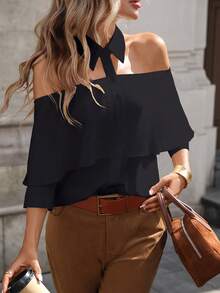 Women Off-Shoulder Solid Color Long Sleeve Shirt, Minimalist And Fashionable Black Spring - Black - View 4