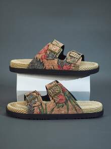 1 Pair Men's Summer Fashion Slide Sandals, Suitable For Daily Outdoor Activities, Beach Vacation, Metal Double Buckle Design, Adjustable Upper, Fresh Summer Outfit, Indoor Bathroom Slippers, Tropical Print Flip Flops