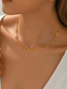 1件时尚不锈钢幸运四叶草吊坠项链，串珠装饰项链，适合女性日常佩戴，性感锁骨链配饰 - 珠鏈四葉草項鍊 - 查看 2