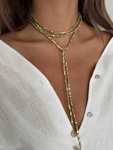 Set de 2 collares con cadena y colgante de perla falsa con diseño geométrico bohemio, elegante y de moda casual para uso diario, fiestas, festivales, sesiones de fotos, regalo para mujeres, citas en pareja, joyería versátil para mujeres