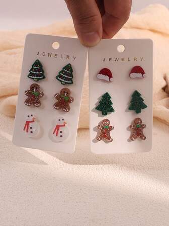 6-12 件套圣诞雪人、姜饼人、圣诞树印花亚克力耳环、时尚耳环首饰