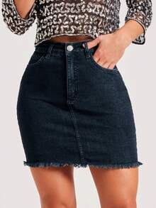 Bodycon Frayed Hem Denim Mini Skirt Summer - Dark Gray - View 5