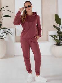 Women's Two-Piece Tracksuit Set With A Hoodie And Pants With Cuffs. Casual Basic Tracksuit With Pockets For Comfortable Everyday Wear, Perfect For Both Daily Urban Looks And Sports Activities. - Red - View 1