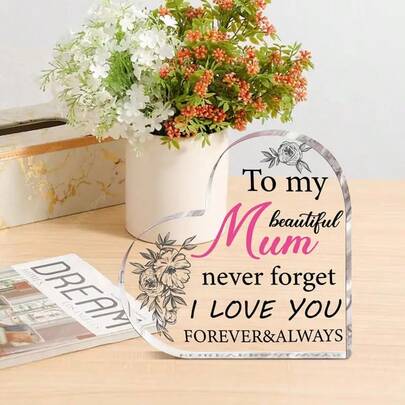 2D Flat, Elegant Heart-Shaped Acrylic Mother's Day Plaque With Floral Design - "To My Beautiful Mum, I Love You Forever & Always" Message - Ideal Gift For Mom On Mother's Day, Birthday, Thanksgiving, Retirement - No Electricity Required, Versatile Desktop Decor, Mothers Day Gifts For Mom ﻿
