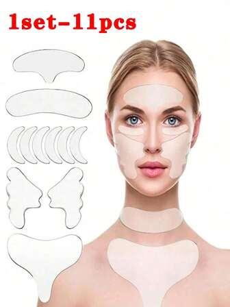 1 Set/11 piezas Parches de silicona antiarrugas, alisan las arrugas, tensan la piel, parches de silicona reutilizables antiarrugas, pegatinas faciales, se utilizan para reducir las líneas finas, las arrugas de la frente, los pliegues nasolabiales, etc.