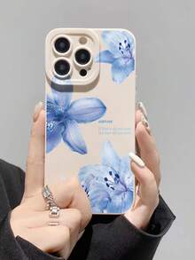 1pc Perforated Straight Edge Pink & Blue Floral Painted Thick Anti-Drop Phone Case Cover