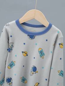 Set de 4 piezas de ropa interior de algodón con estampados de dinosaurios, espacio y astronautas para niños, incluye camiseta de manga larga gruesa y pantalones de pijama, ropa interior térmica de algodón - Multicolor - Ver 3