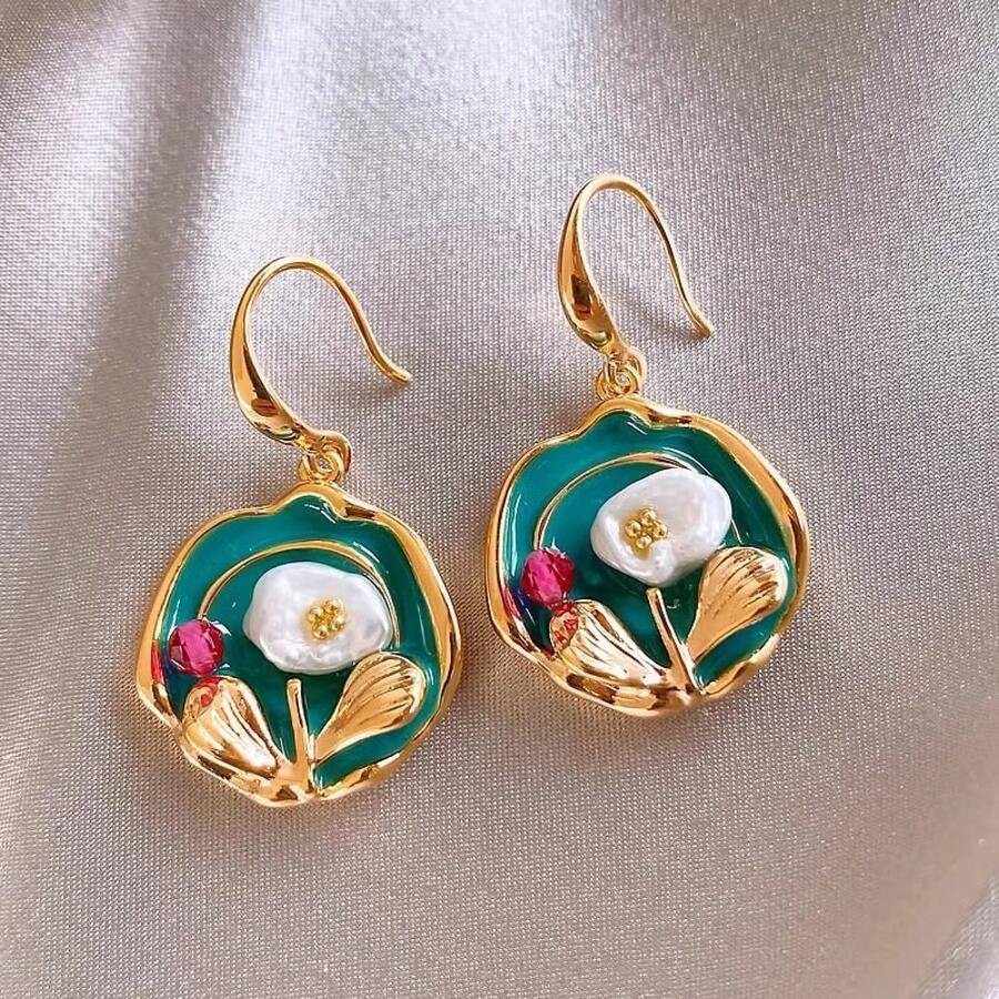 Temperature Retro Monet Garden Oil Painting Style Flowers Imitation Pearl Earrings For Women Vintage Women Earrings Wedding Jewelry Accessories Birthday/Halloween/Holiday Gifts Everyday Jewelry, Elegant Accessory - 綠色 - 查看 1