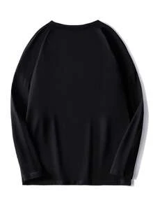 男士休闲油画标语印花长袖T恤，秋季 - 黑色 - 查看 2