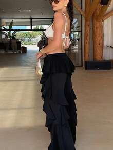 Outdoor Fashionable Tie-Up Ruffle Hem Flared Pants, Spring/Summer Black - Black - View 3