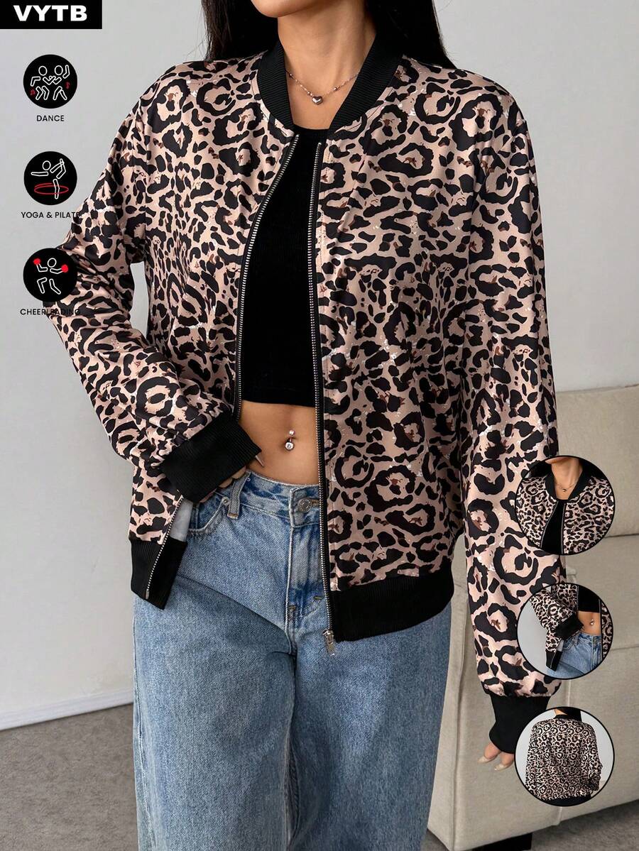 1pc Leopard Print Zipper Jacket New Loose Casual Sports Outerwear - Brown - View 1