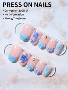 24Pcs Short Oval 3d Gelnails Makes Ocean Nails Turtle And Whale Patterns With Shell ,Pearl Decoration Design French Tip Press On Nails Short Fit Perfectly Acrylic False Nails Set,Include: 1pc Jelly Glue And 1pc Nail File, French Tip Nails & Summer Nails For Woman Girl Daily Work Festivals Party Use