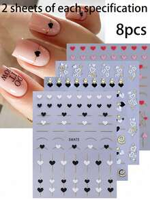 4pcs Simple French Heart Shaped Nail Sticker, Luxury Metallic Shiny Heart Nail Art Stickers 3D Decal DIY For Wedding Valentine's Day Manicure Decoration