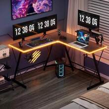 Fashion L-Shaped Gaming Desk With Movable Monitor/Laptop Stand, Modern Game Table, Black Esports Desk, Home Office Desk, Metal Frame Computer Table With Carbon Fiber Desktop, Versatile L Shaped Corner Desk With Light Strip + Headphone Hook + Cup Holder, Area Of Desk Surface: 10.59 Ft² + 1.04 Ft² - & CF Desktop + Light Strip + Cup Holder + Headphone Hook - View 6