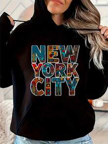 Women's Black Hoodie With Colorful New York City Graphic Print - Loose Fit Casual Pullover, Medium Stretch Fabric, Machine Washable - Đen 11 - Xem 1