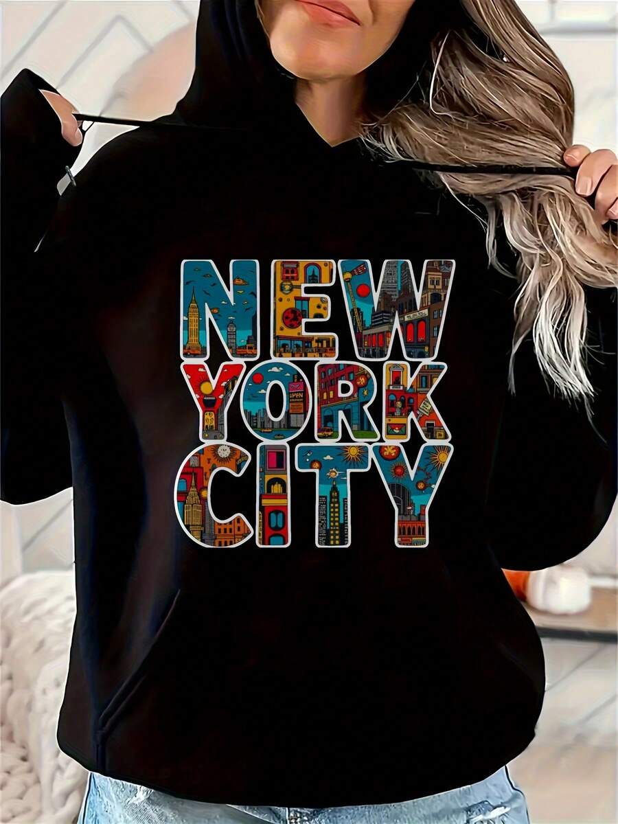 Women's Black Hoodie With Colorful New York City Graphic Print - Loose Fit Casual Pullover, Medium Stretch Fabric, Machine Washable - Đen 11 - Xem 1