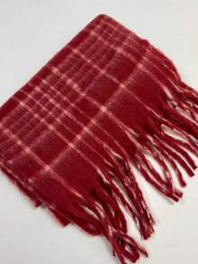 1pc Autumn/Winter Fashion Striped Plaid Fleece Warm Women Boucle Red Wool Thick Scarf, Bohemian Casual Windproof Couple Shawl, Comfortable Blanket Scarf, Suitable For Daily Wear For Dress - Red - View 5