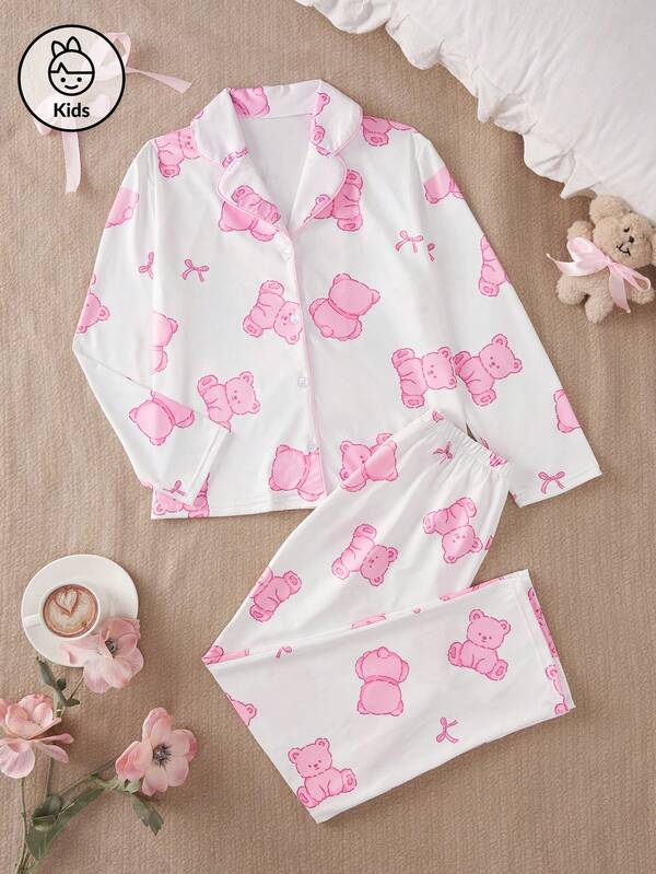 Conjunto de 2 peças de cardigan de manga comprida com calça e estampa de ursinho casual para meninas adolescentes