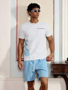 SWAVVY Men's Bear & Letter Graphic Tee & Drawstring Waist Shorts Summer Outfit, Streetwear Ready - Baby Blue - View 5