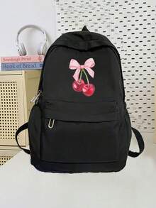 卡通粉色蝴蝶结樱桃印花女孩背包大容量笔记本电脑背包，返校经典休闲日用背包大学背包轻便学校书包适合女孩男孩，女孩背包书包适合中学生青少年背包，防盗笔记本电脑背包旅行日用背包书包礼物 - 黑色 - 查看 7