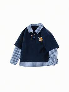 Balabala Boys Hoodie Plaid Fake Two-Layer 2025 Fall New School Style - Dark Blue - View 1