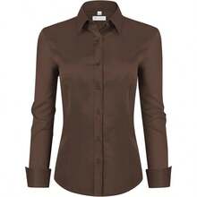 Womens Classic - Fit Dress Shirts Long Sleeve Button Down Wrinkle - Stretch Solid Casual Work Office Blouse Top - 棕色+小號 - 查看 1