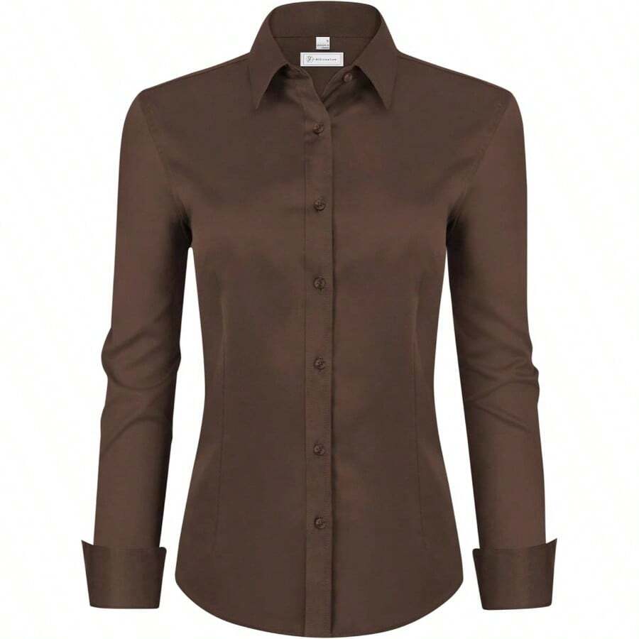 Womens Classic - Fit Dress Shirts Long Sleeve Button Down Wrinkle - Stretch Solid Casual Work Office Blouse Top - 棕色+小號 - 查看 1
