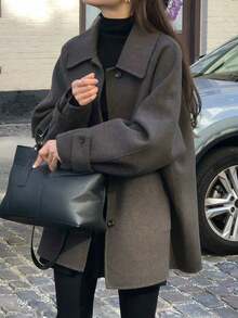 Manteau oversize pour femmes en automne/hiver, style vintage, couleur unie, avec poches avant, boutons, col rabattu et manches raglan