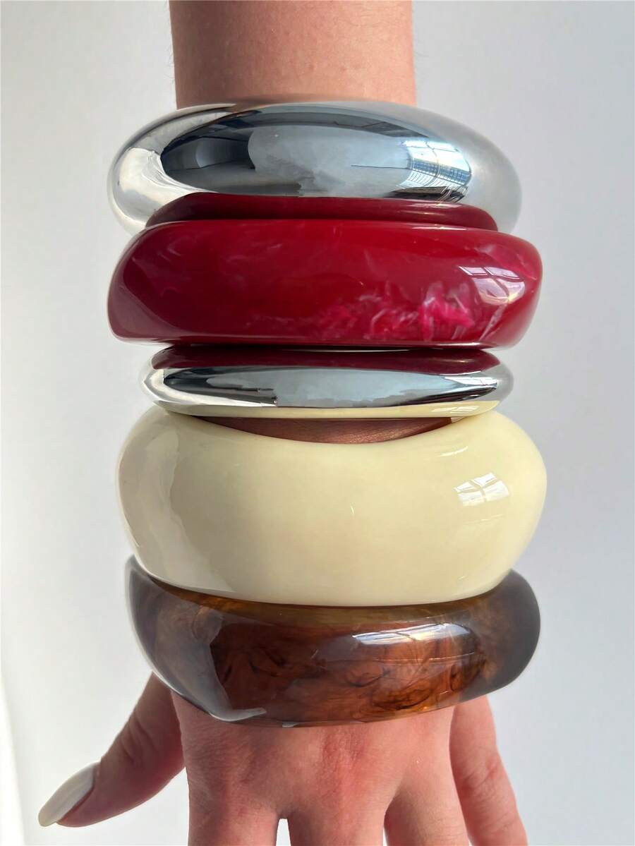 Fashionable Vintage Metal & Resin Layered Bangle Bracelet, Asymmetrical Thick Geometric Bracelet, New Jewelry For Women In Autumn/Winter