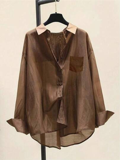 Plus Size Loose Casual Solid Color Button-Up Long Sleeve Blouse