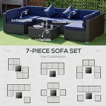 Outsunny Outsunny 7 Piece Patio Furniture Set, PE Rattan Outdoor Conversation Set With Sectional Sofa, Glass Tabletop, Cushions And Pillows For Garden, Lawn, Deck, Dark Brown And Navy Blue
