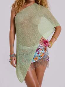 Women Y2k Sheer Knit Cover Ups Poncho Asymmetric Tops Lightweight See Through Off Shoulder Shrug Bolero Cover Up Tops  Pullover Tops Sweaters Beach Vacation Tops - màu xanh lá - Xem 2