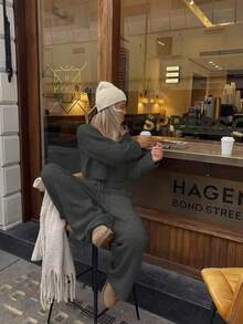 两件套女士休闲外出约会套装，纯色罗纹短裤、针织长袖毛衣和抽绳针织裤，街头风，女士两件套，女士休闲装，女士优雅上衣，女士派对装，Y2K时尚，女士演唱会装，女士春季服装，女士度假装，女士假日装，女士夏季服装 - 灰色 - 查看 3