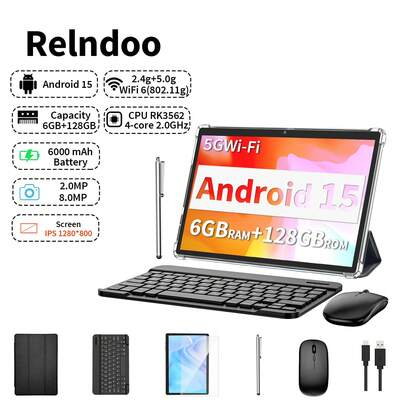 Relndoo 2026新款安卓平板电脑，配备键盘和鼠标，安卓15平板电脑，二合一平板电脑，10英寸平板电脑，带笔记本电脑保护套、手写笔、数据线，RK3562四核2.0GHz处理器，(6GB+20GB)内存+128GB存储，2MP+8MP双摄像头，1280*800像素高清触摸屏，6000mAh电池，支持1TB SD卡扩展，802.11n 2.4G/5G无线网络，GPS，认证平板电脑（不含适配器）-黑色