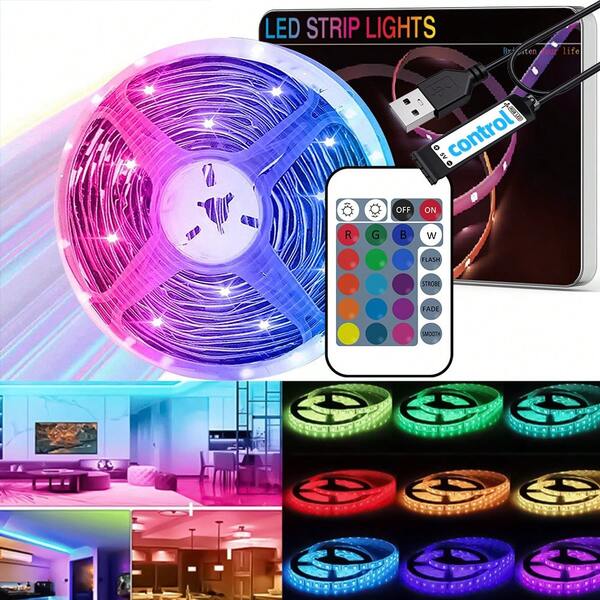 3.28-98.4FT 24-Key Remote Control, 5V USB TV Background RGB LED Strip Light, Suitable For Study Room, Desk Bottom LED Decorative Light, Computer Monitor, Living Room, Bedroom, High-Quality LED Lights Festival Gift Gifts Birthday Graduation