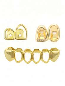 1 Set Fashion Women's Hip Hop Rhinestone Hollow Heart & Hollow 6-Tooth Grill Teeth Grillz, Carnival Party Accessory, Christmas Couples Gift Unisex - Multicolor - View 6