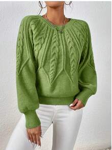 AQE FASHION Casual Solid Color Round Neck Lantern Sleeve Sweater, Autumn/Winter - Green - View 1